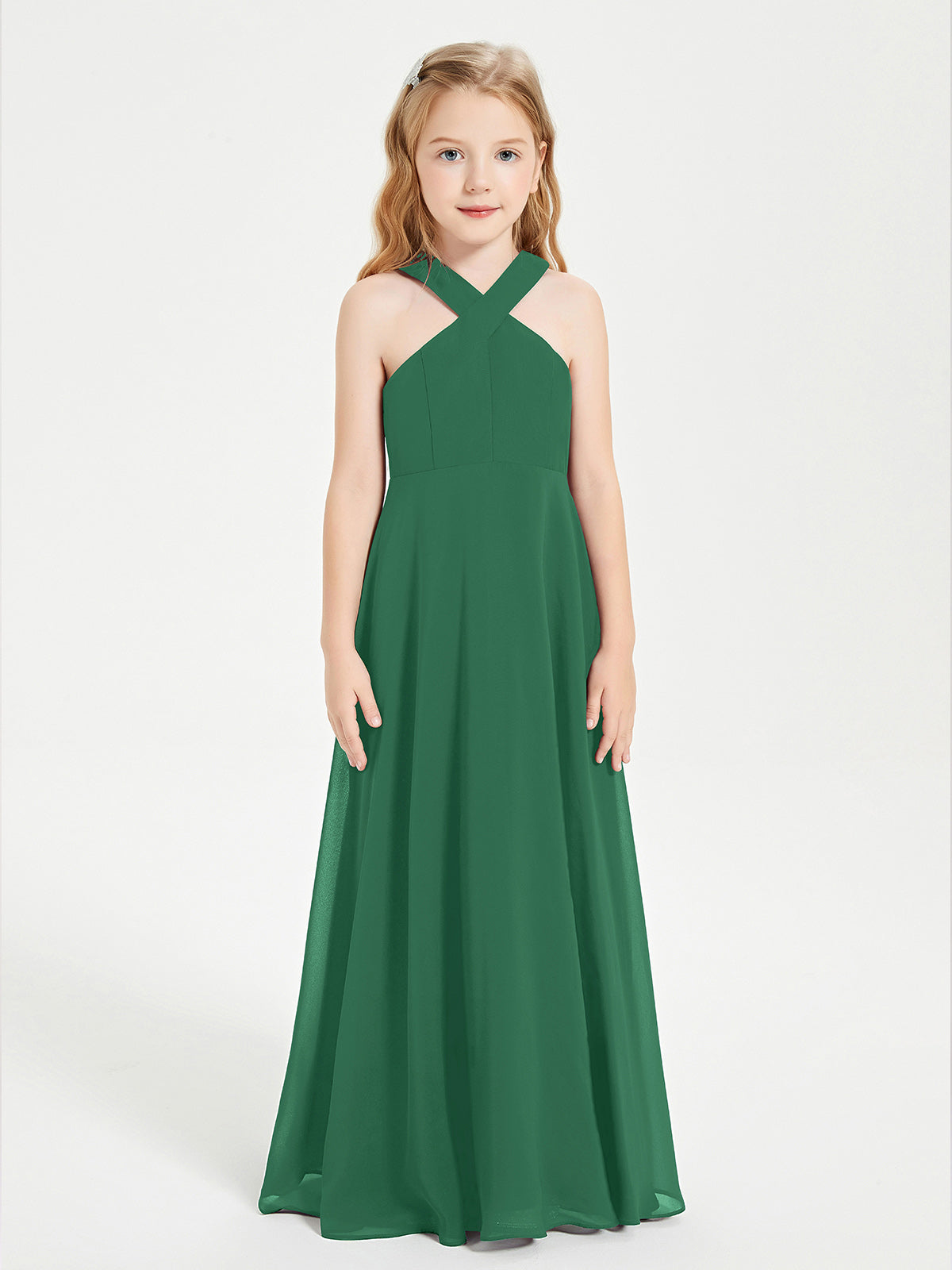 Grecian Neckline Long Dresses for Junior Bridesmaids Dark Green